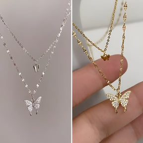 Women Double Layer Pendant Chain Silver Butterfly Necklace Chain